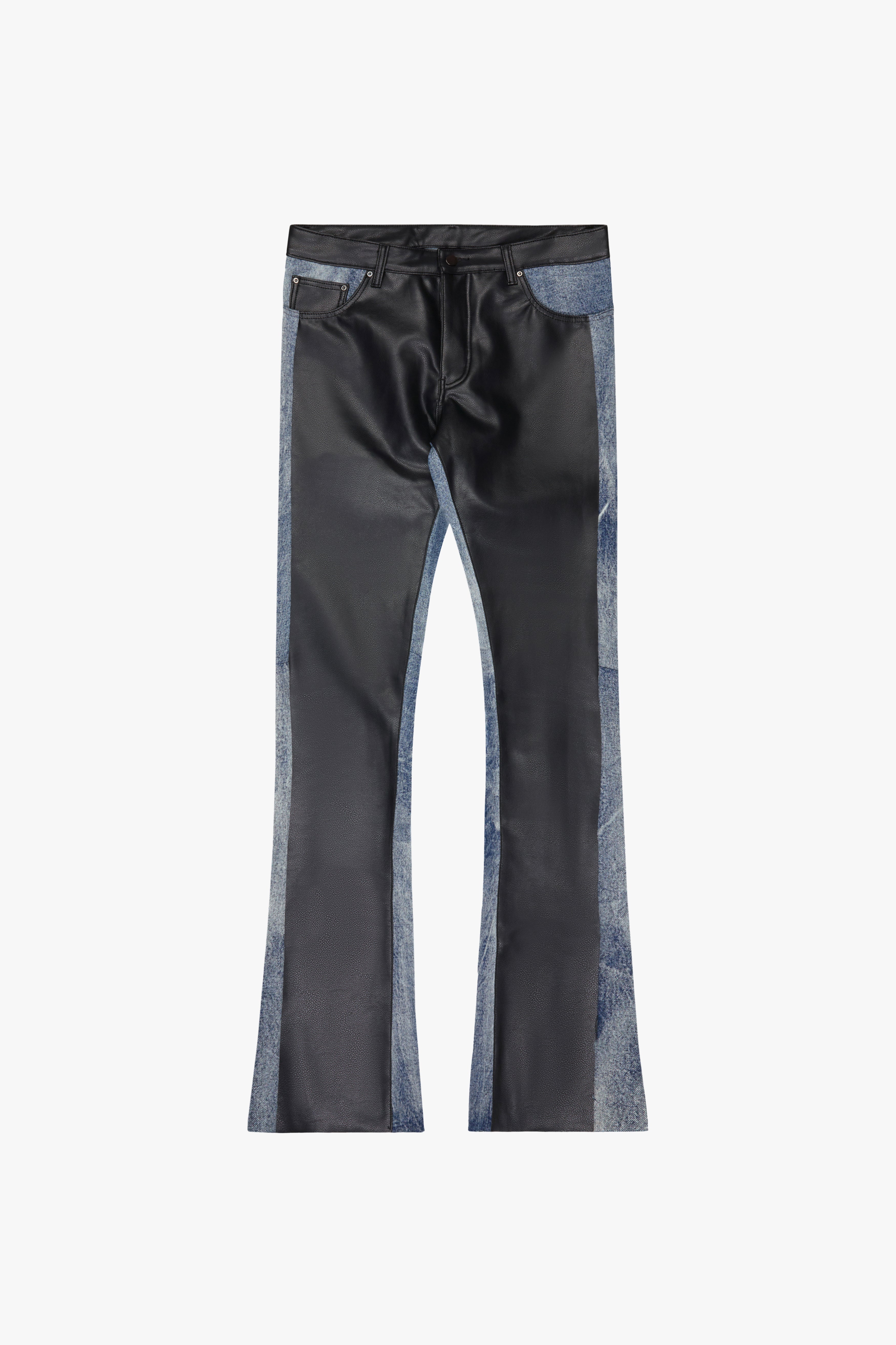 "Nation" Black Blue Leather Stacked Jeans