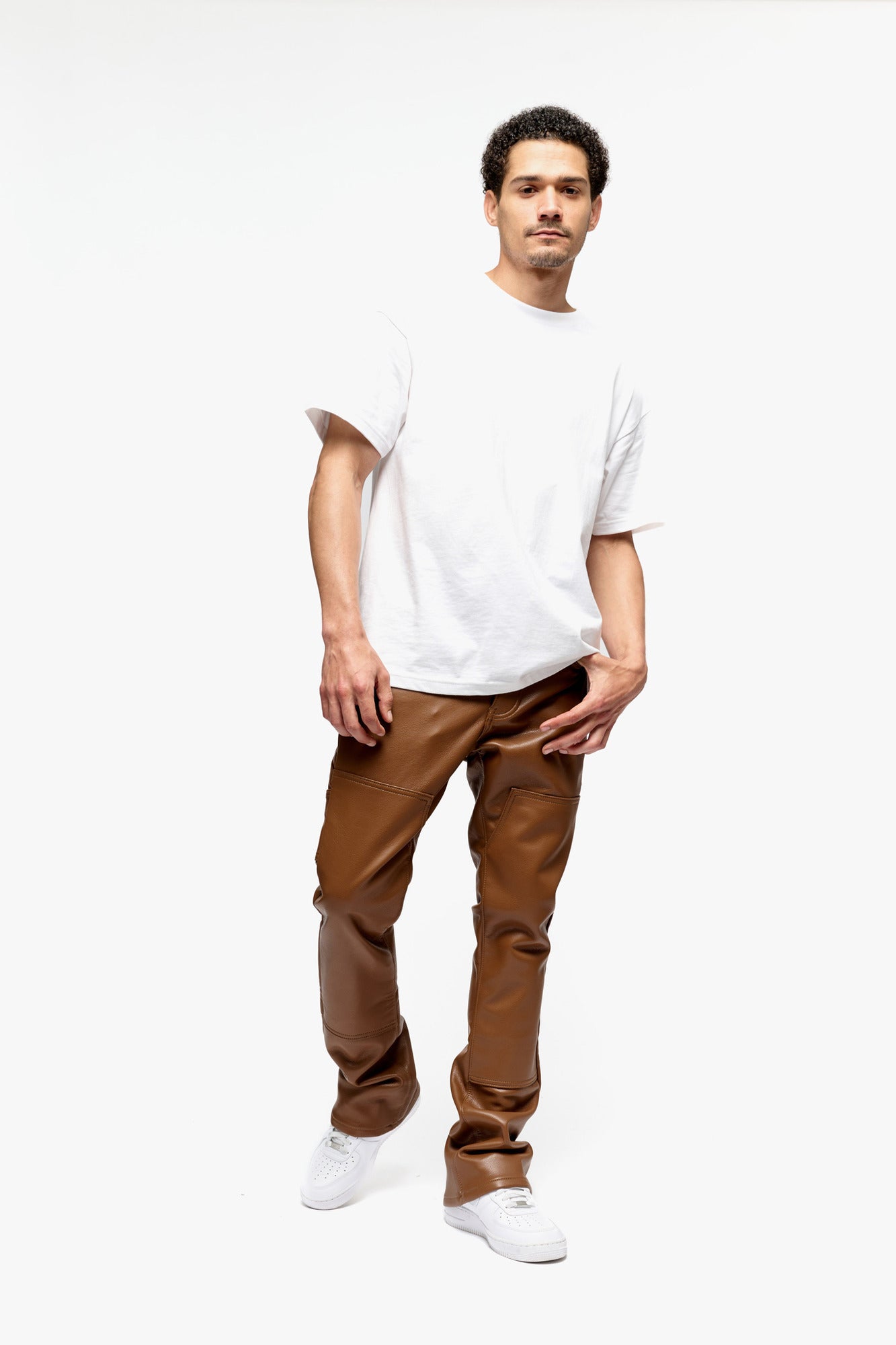 "Cuero" Brown Leather Stacked Jeans