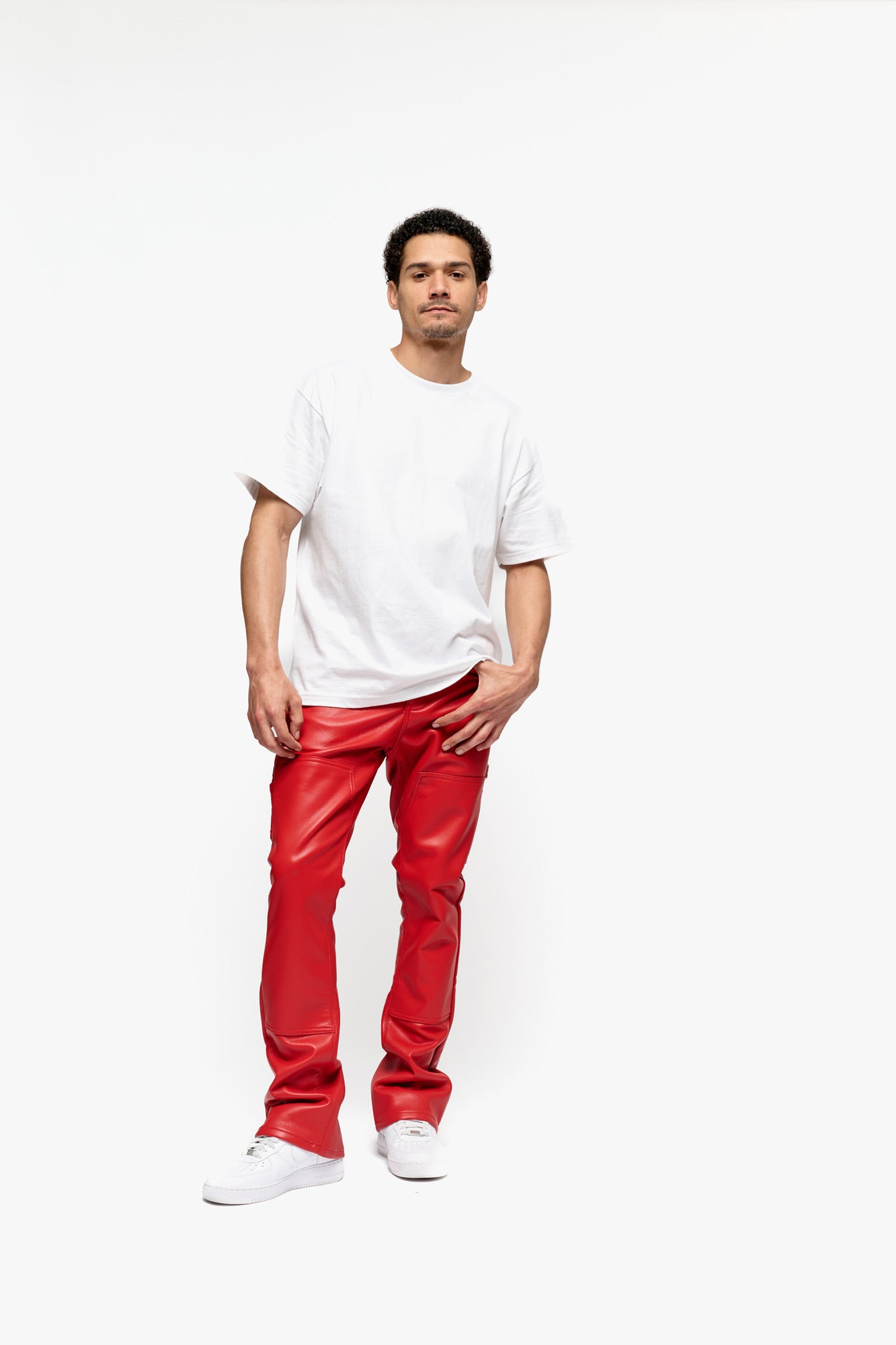 "Cuero" Red Leather Stacked Jeans