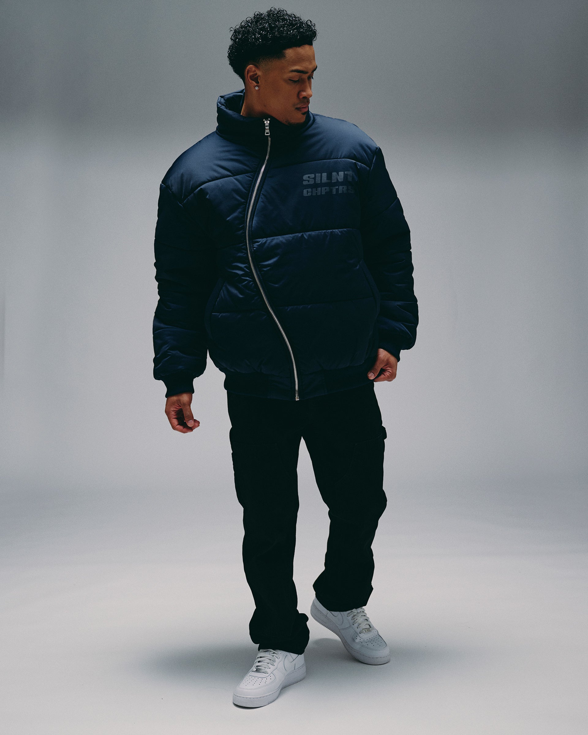 "Irregular" Navy Asymmetrical Puffer Jacket