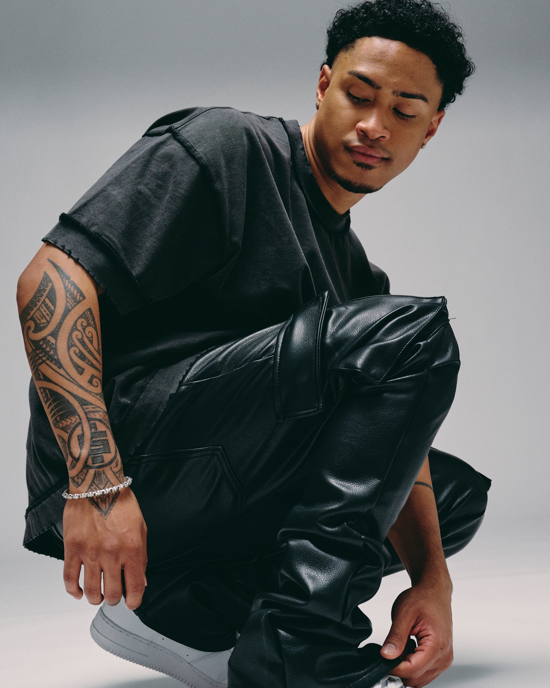 "Nightrider" Black Stacked Leather Cargo Pants