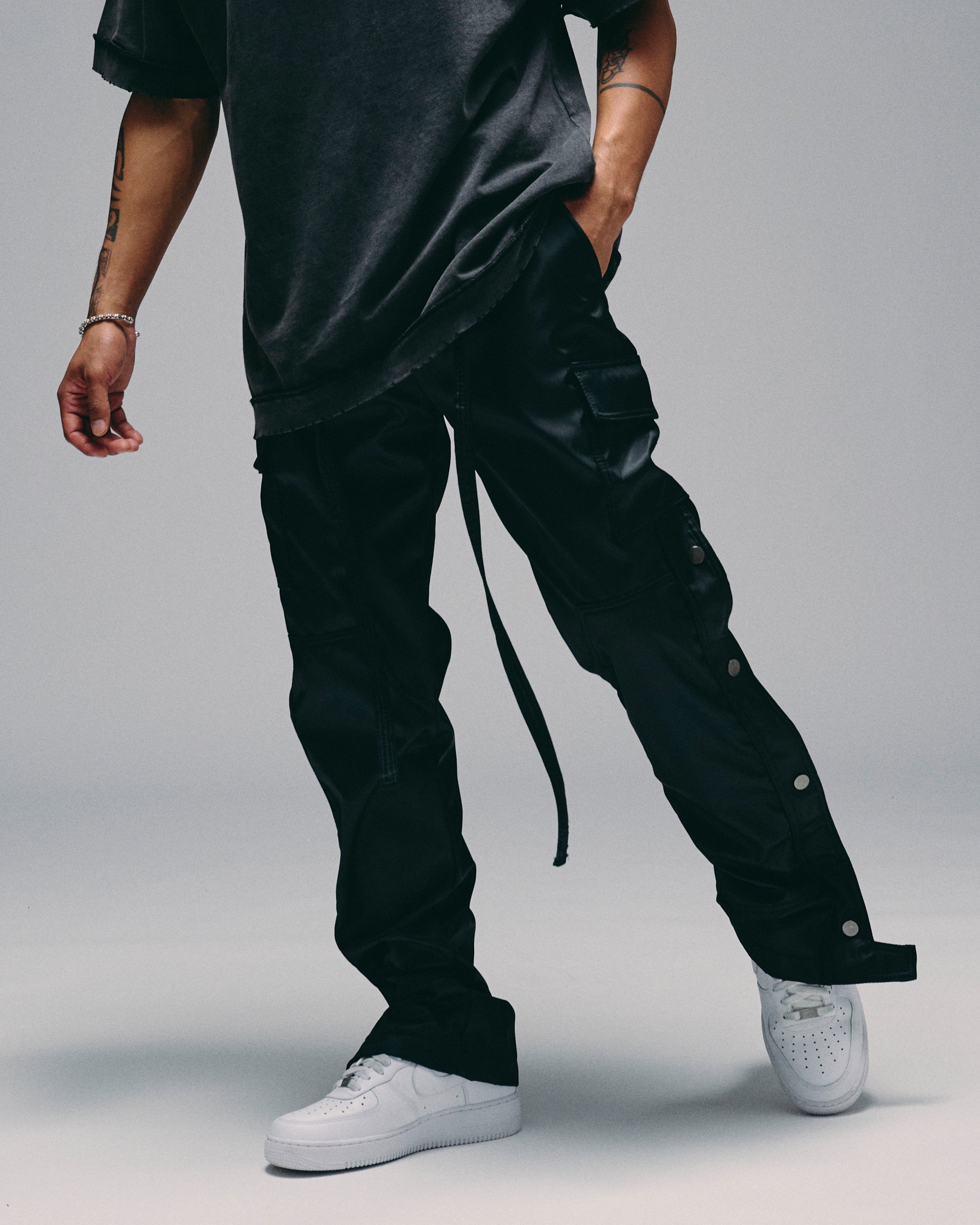 "Knight" Black Snap Button Cargo Pants