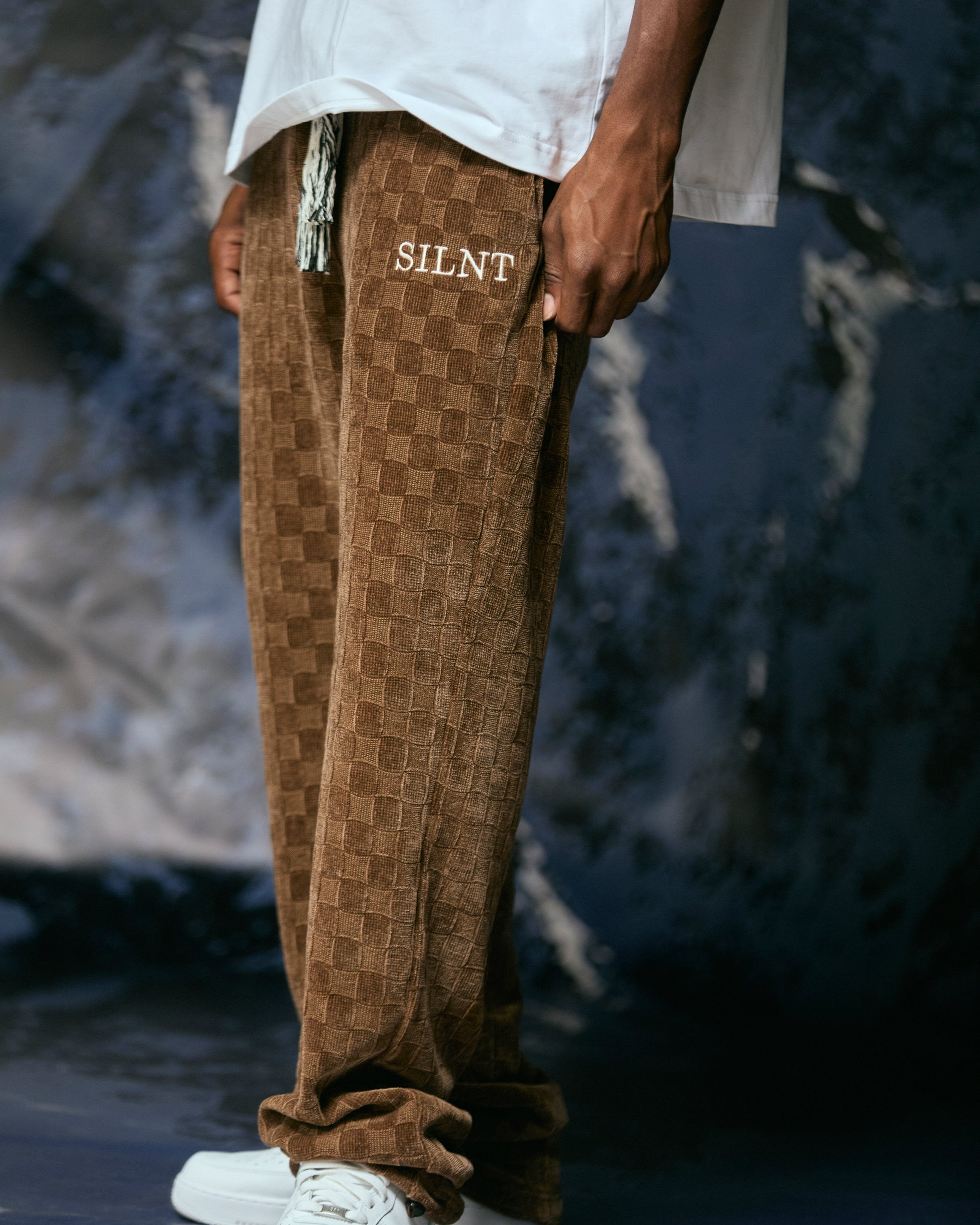 "Checkmate" Brown Velvet Joggers