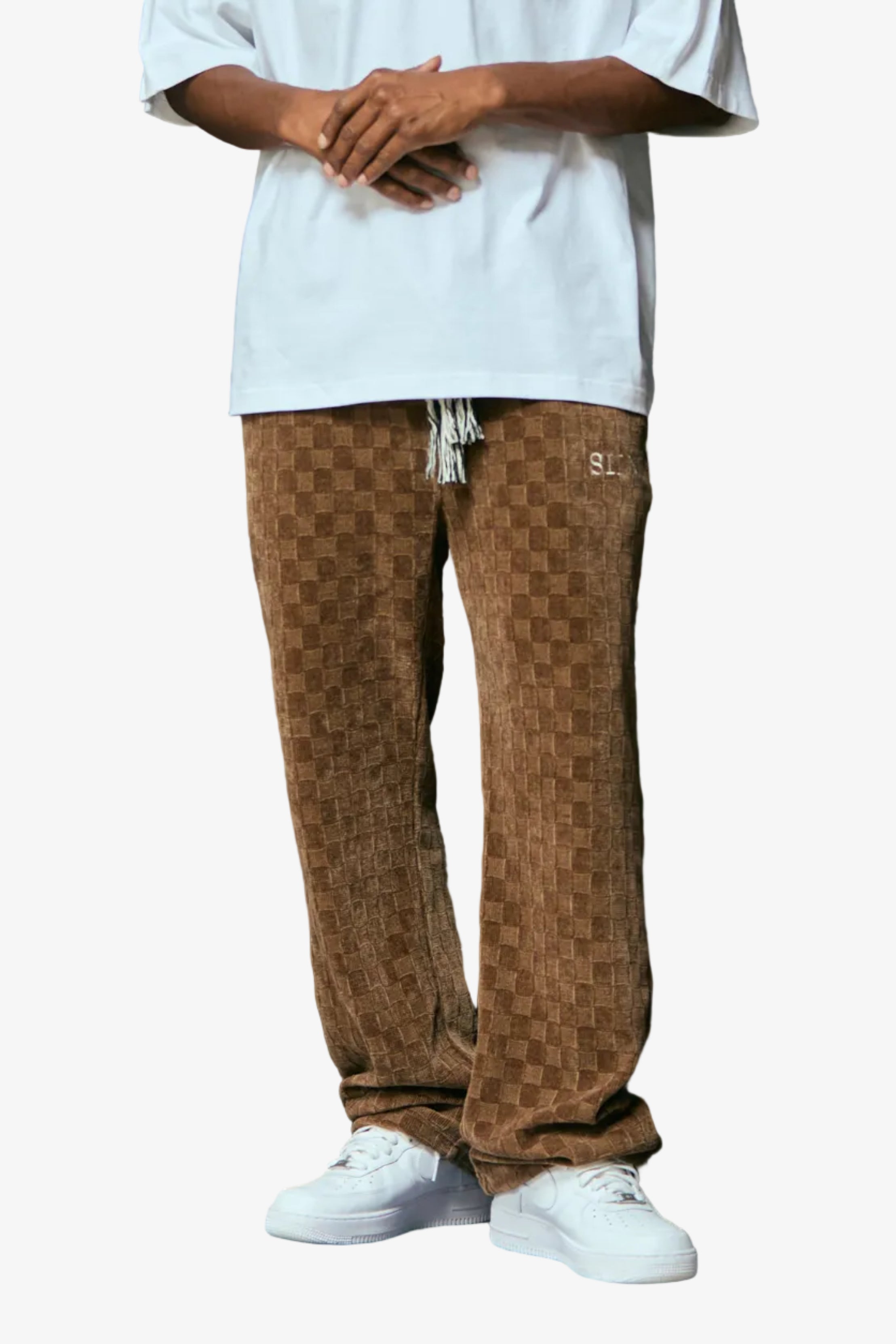 "Checkmate" Velvet Joggers Brown